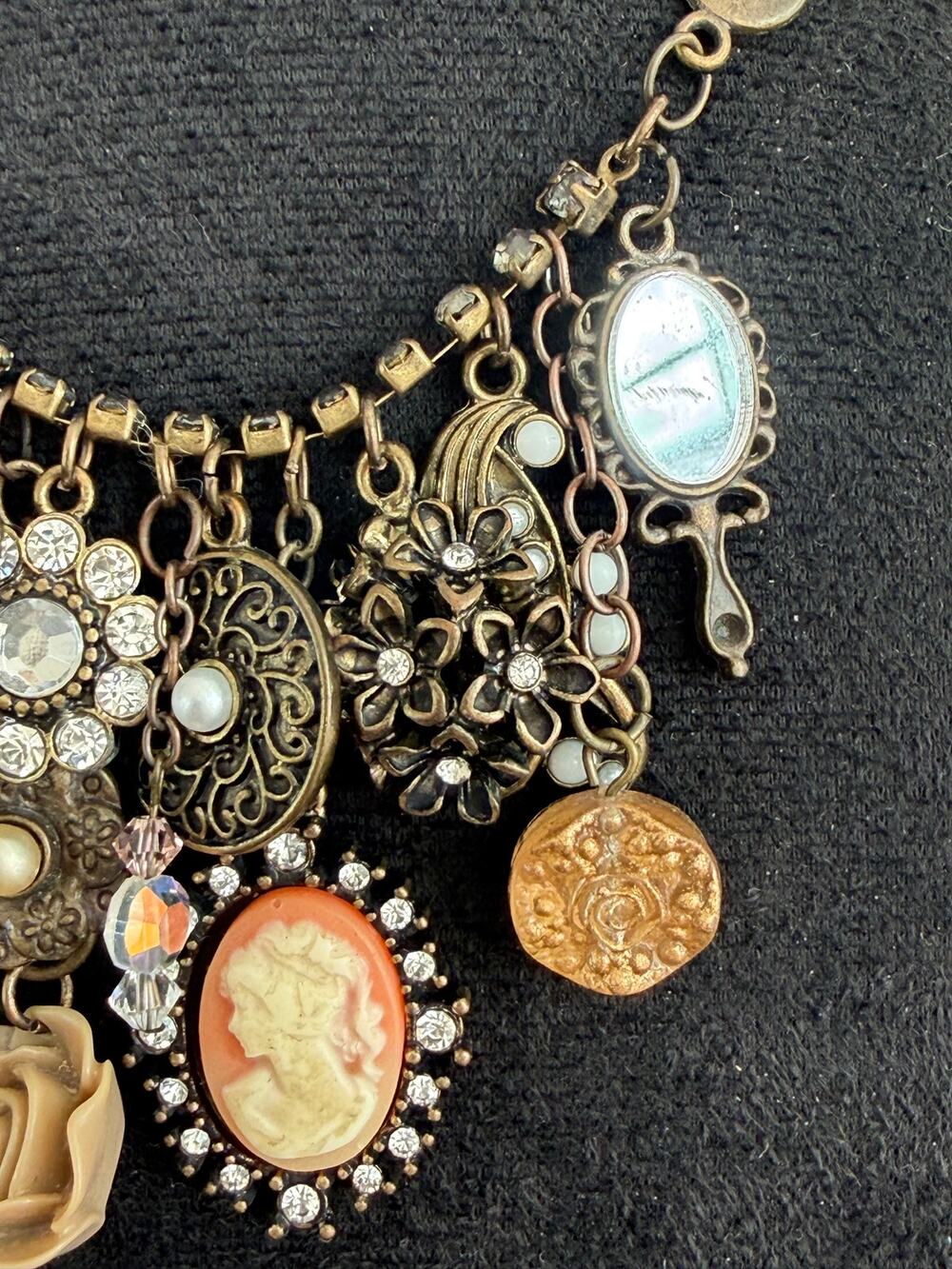 Vintage style charm chain necklace cameo rose floral steampunk retro fashion